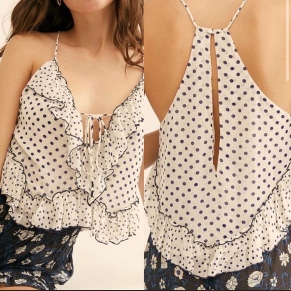 NWT FREE PEOPLE DANCES TILL DAWN POLKA DOT RUFFLE TOP SPRING/SUMMER LIGHTWEIGHT